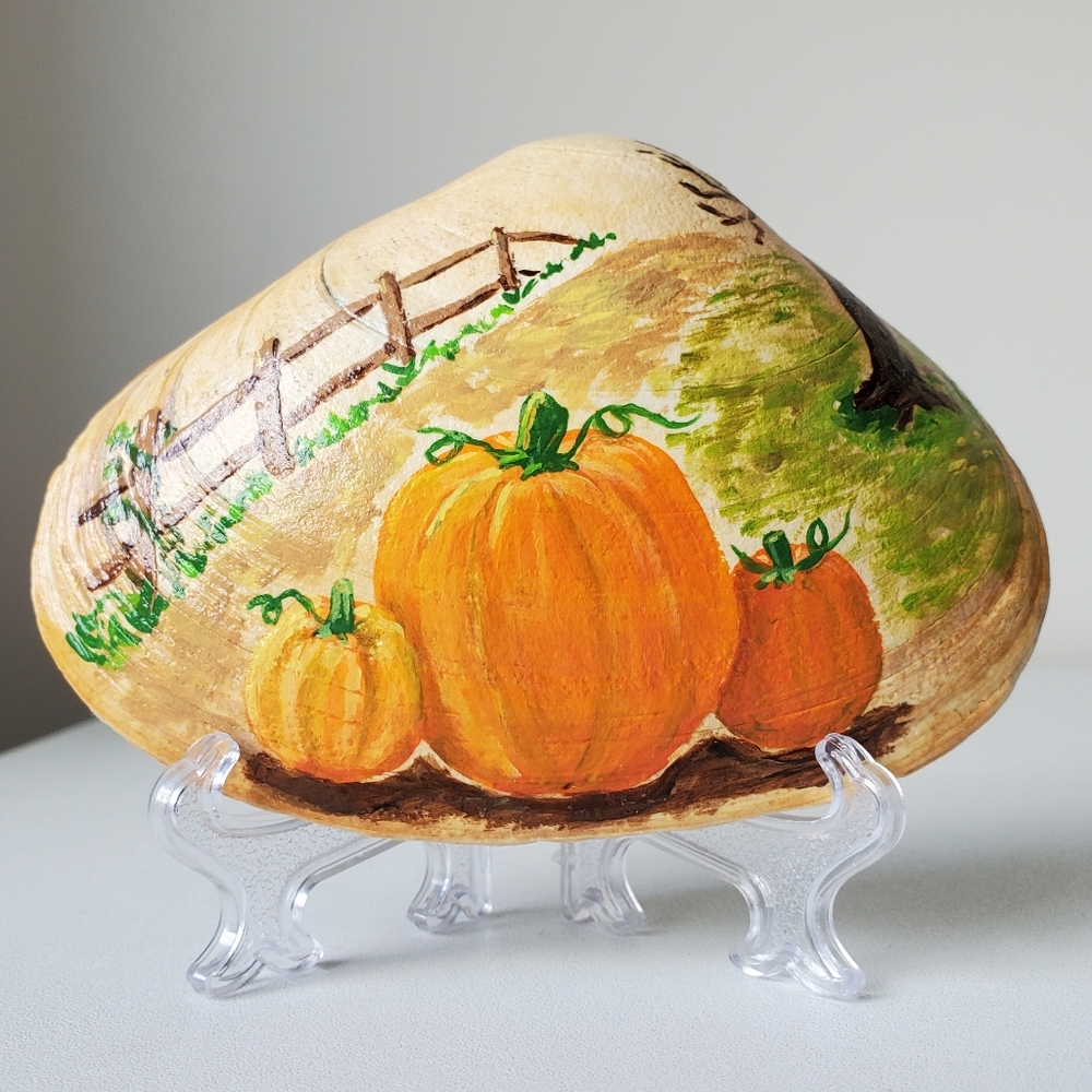 Original Autumn Field Pumpkins Hand-Painted Farmhouse 4" Seashell